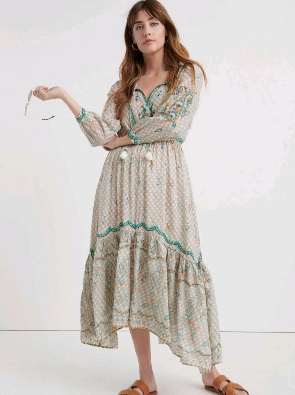 LUCKY BRAND Evelyn Printed Embroidered Tiered Boho Midi Dress Ecru/Multi Sz M